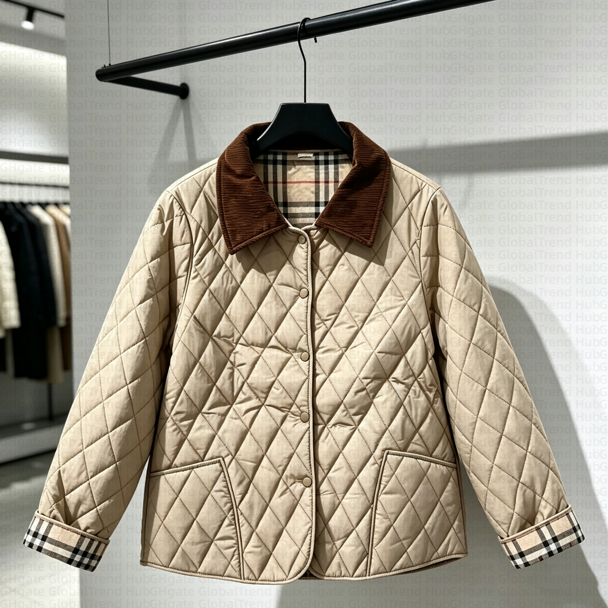 womens coat Ladies Fall Winter Quilted Coat, Diamond Stitch Padded Jacket, Classic Cord Collar, Minimal Chic Vibe, Casual Outerwear For Vacation Tri