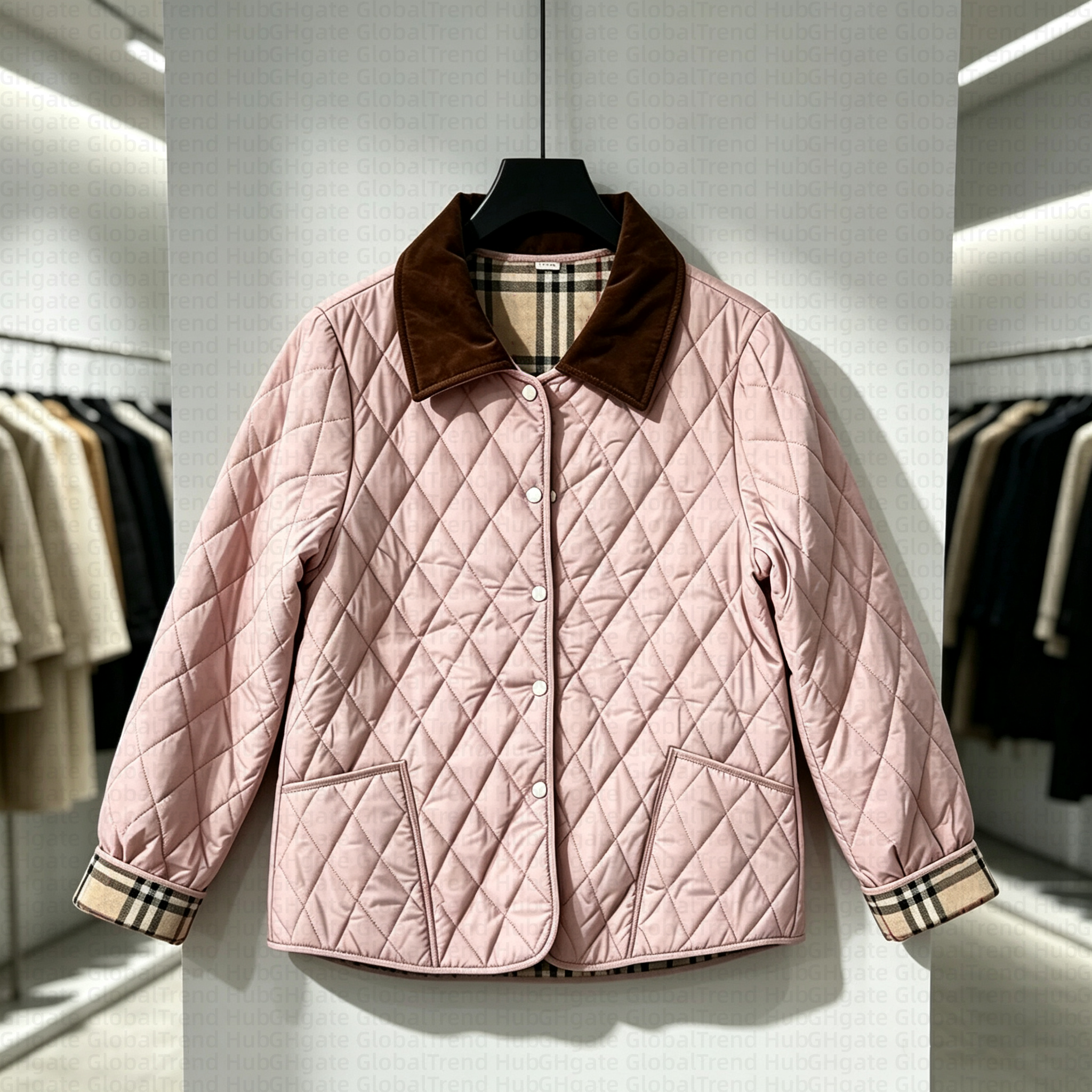 womens coat Stylish Women Casual Quilted Jacket, Light Padded Coat, Cord Collar & Plaid Cuff Detail, Fall Winter Warm Outwear, Perfect For Travel Ma