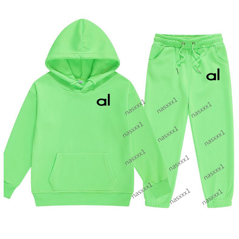 Kids Leisure Letter Print 2pcs Hoodie Pants Fleece Green Tracksuits Boys Girls Spring Autumn Outfits Streetwear Children Clothing