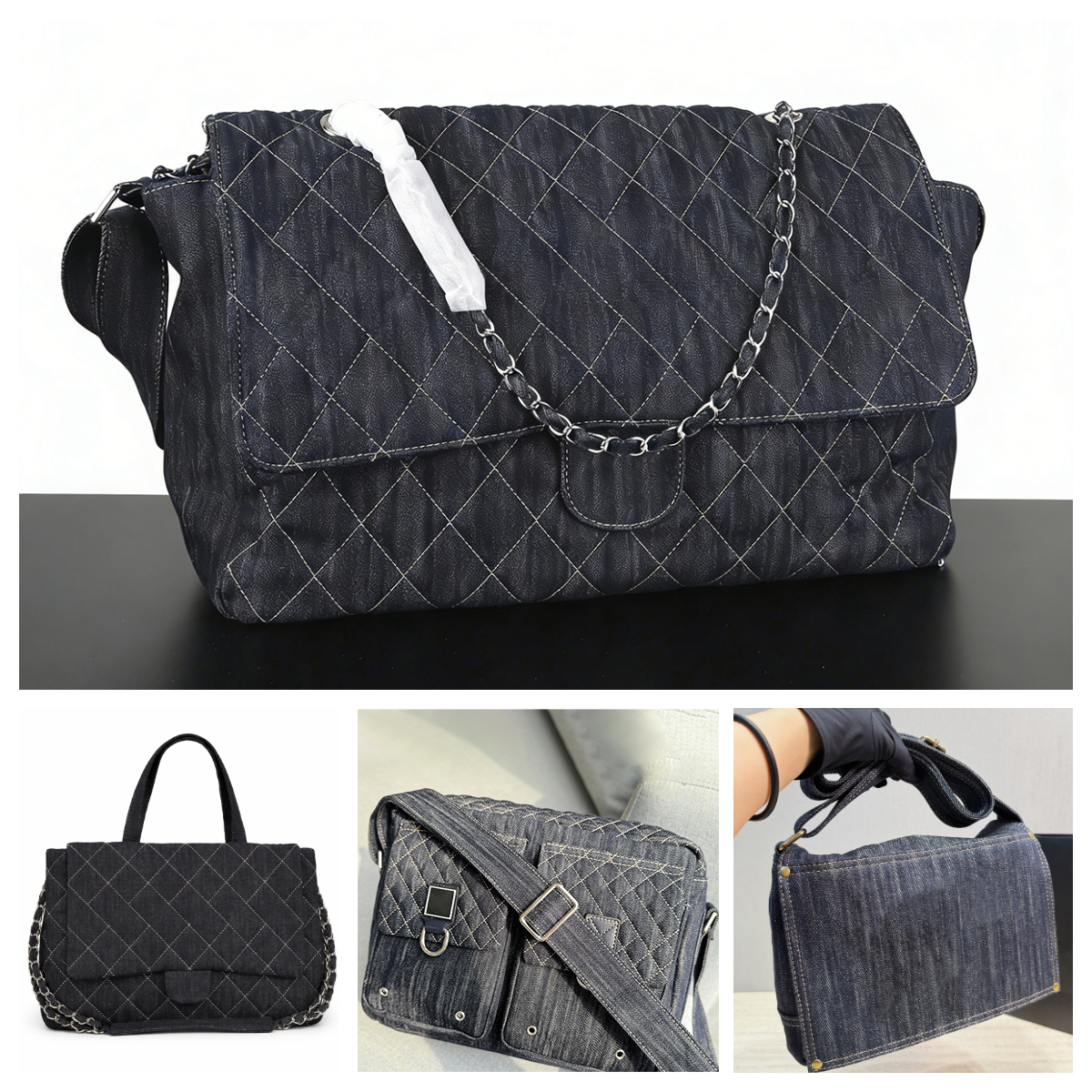 Luxury Black Denim Designer bag Vintage Quilted Denim Messenger Hobo Bag Maxi Flap Bag Large Capacity Airport Style Tote Shoulder Handbag Utility Cr