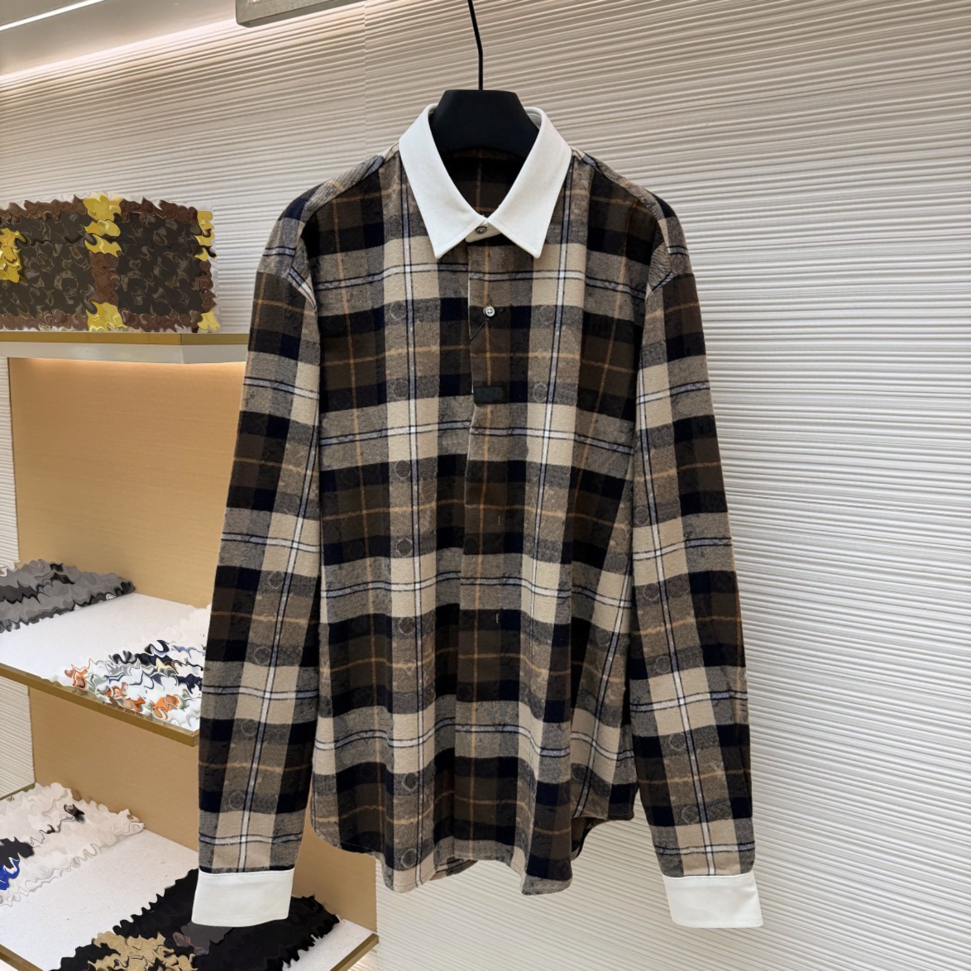 Designer brand clothing, high-quality men's contrasting white collar plaid long sleeved shirt, retro dark plaid casual top, loose and luxurious