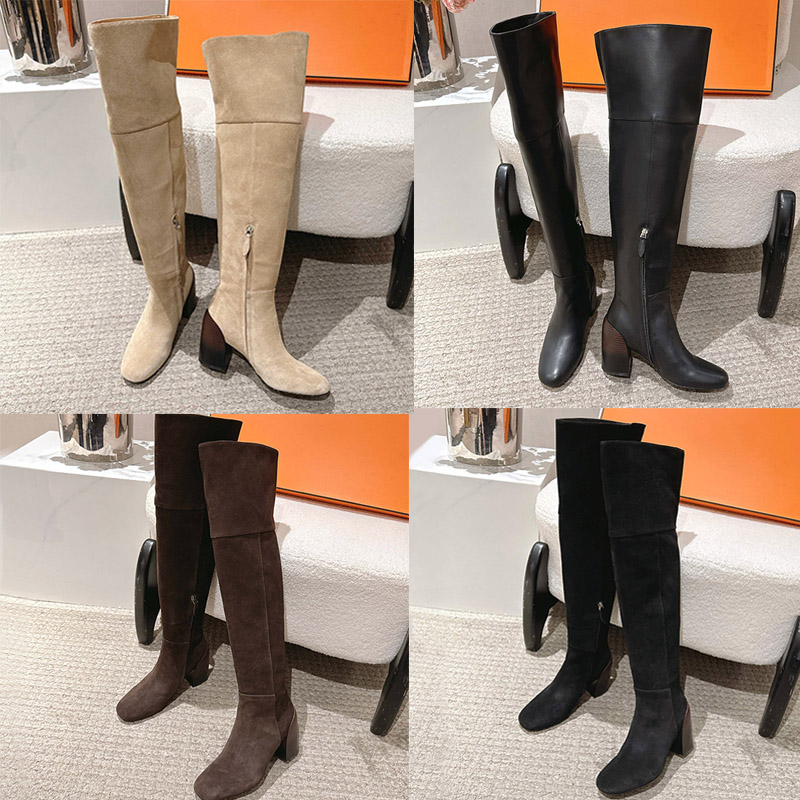 Noir Color Nueva Boots Supple Calfskin Graphic Heel Boot Black Leather Edge Comfortable Lambskin Insole Lining Retro Long Barrel Banquet Dress Boots