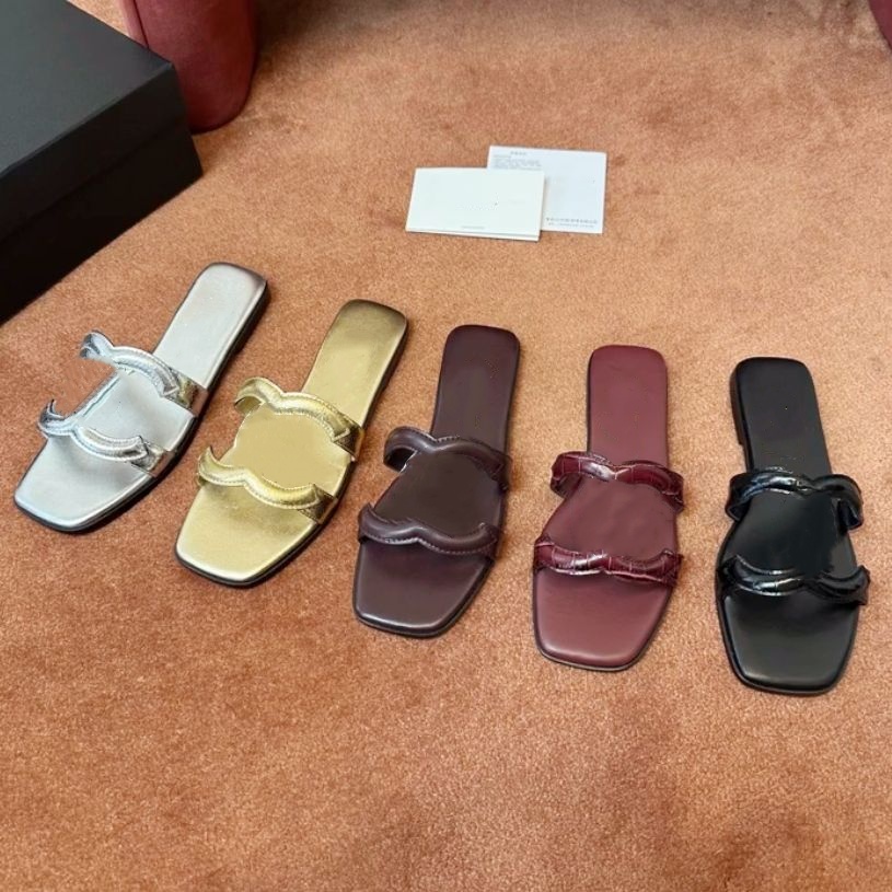 Summer chunky heel slipper Designer Sandal Woman Suede leather gold silver Casual Flat wedge heel Luxury thong Sandale Lady Mule slide Beach travel