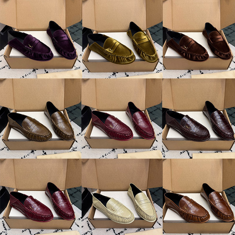 Fashion Foldable Velvet Loafers Soft Penny Leather Classic Brass Decoration Anti Slip Leather Sole Retro Banquet Style Formal Shoes
