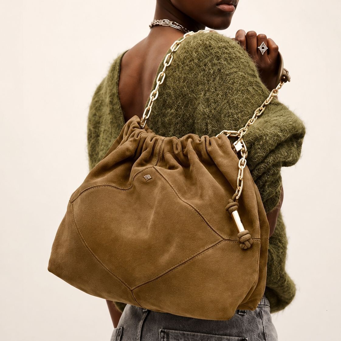 Luxury Vintage Designer Bag French Style Brown Bucket Suede Shoulder Women S Frosted Velvet Drawstring Tote SENYY
