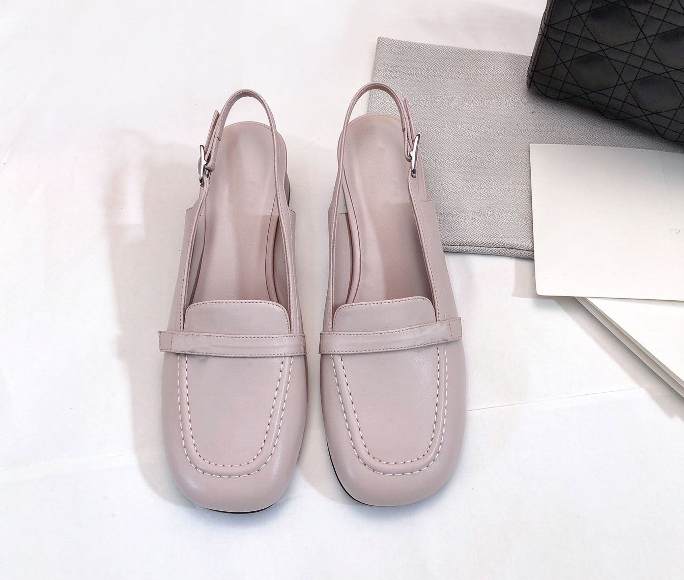 Women Square Toe Slingback Loafers, Buckle Strap Closed Toe Sandals, Soft Leather Casual Office Dress Shoes