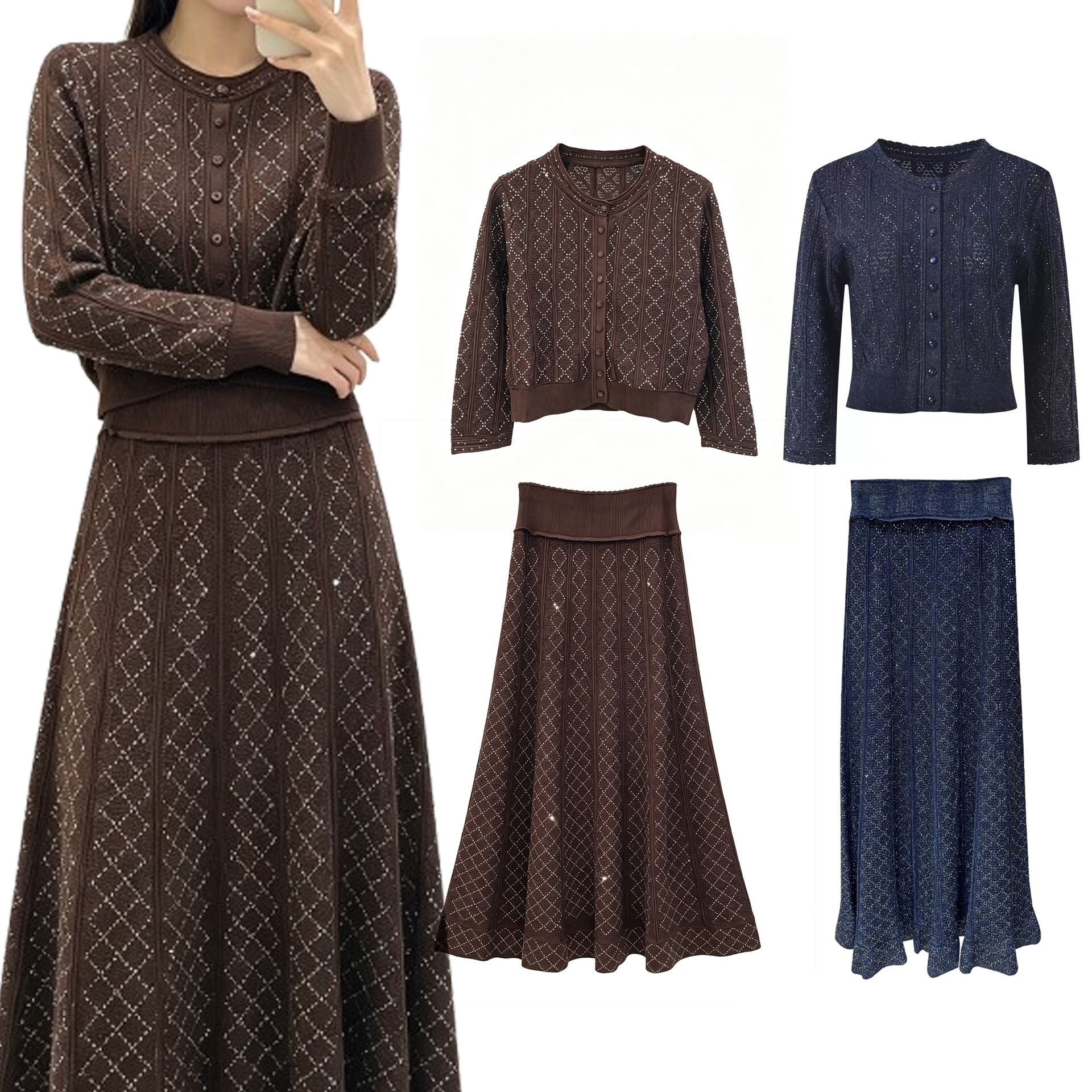 sandro women dress 2026 french style long sleeve pointelle hollow out knitted cardigan long skirt two piece set luxury brown