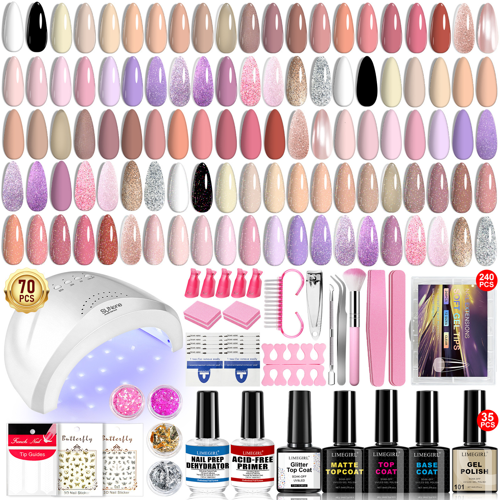 Luxe 2026 Nouveau 35 couleurs Ensemble de vernis 70pcs outils ongles conseils couche de base lampe de séchage décorative faux ongles kits d'art l