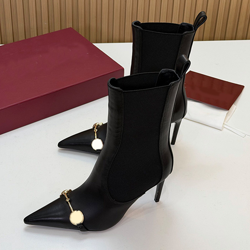 Classic Designer Womens Donna Bootie Luxurious Smooth Calf Leather Patchwork Side Elastic Fabric Pointed Short Boots Womans Outdoor Fashion Wearing