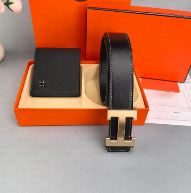 Designer Men's H Belt H Wallet Men Business Leather Belt Wallet Gift Set Luxury Metal Buckle Casual Formal Men Accessories Present with Packagi