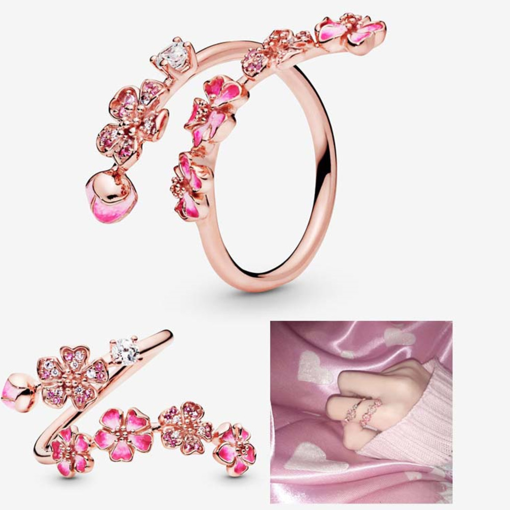 Band Rings Pink Peach Blossoms Open Ring 18K Rose Gold RING for PAN Designer Jewelry Women Gift Luxury Silver flowers rings