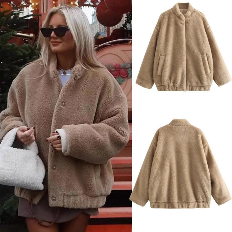Women's Faux Fur Bomber Jacket Fleece Lined Casual Streetwear Solid Khaki Long Sleeve Snap Button Coat Autumn Winter