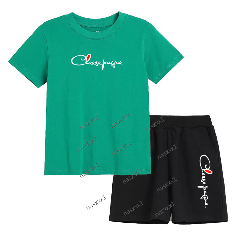 Summer Short Sleeve 100% Cotton Green T Shirt shorts 2 Piece Set Children Clothes Brand Print Sport Casual Fashion Boy Girl Kid Tracksuit