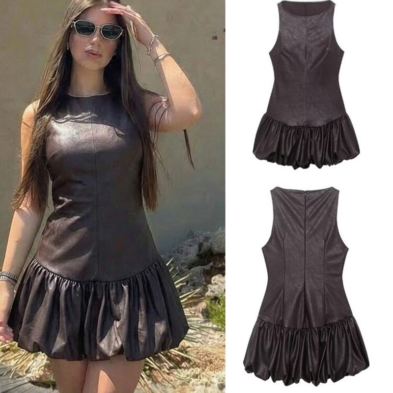 Mini robe froncée en Faux cuir pour femmes, sans manches, couleur unie, ourlet irrégulier, coupe cintrée, Club de fête, Streetwear, printemps