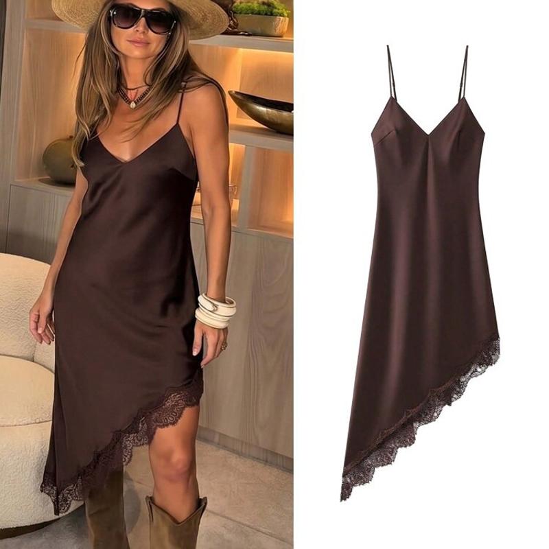 Robe mi-longue en Satin pour femmes, épissure en dentelle, col en V, taille haute, Slim, Sexy, décontractée, Streetwear, couleur unie, marron fon