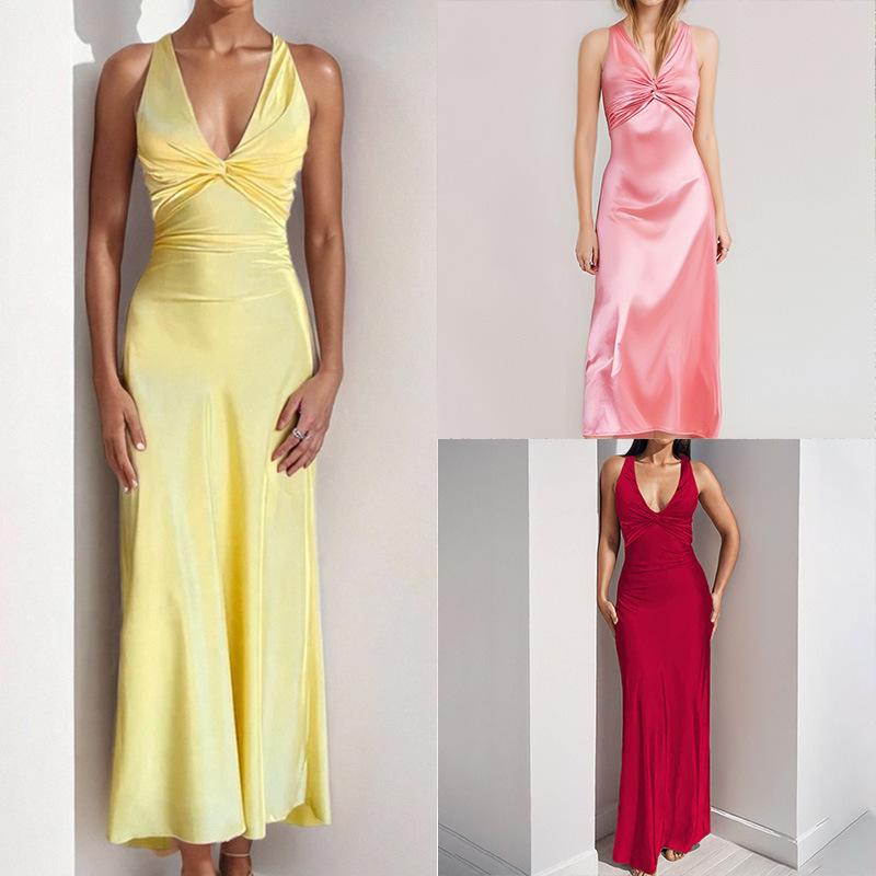 Designer Summer Women's V Neck Sleeveless Pleated Slim Fit A-Line Dress Elegant Sexy Solid Color High Waist Casual Commute S-3XL
