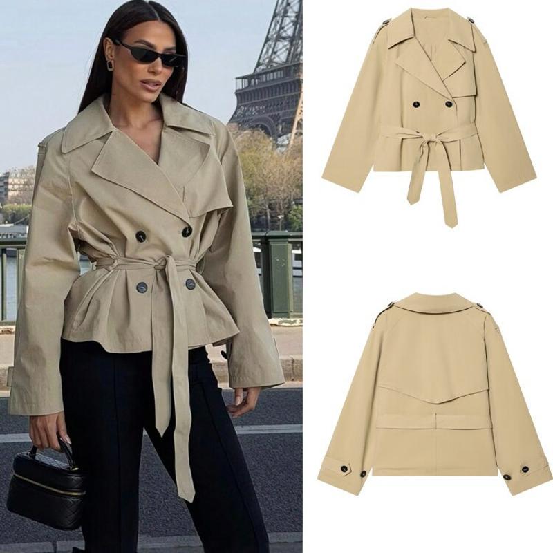 Trench-Coat court de styliste pour femmes, veste décontractée à Double boutonnage et ceinture à la taille, manches longues, Streetwear printemps