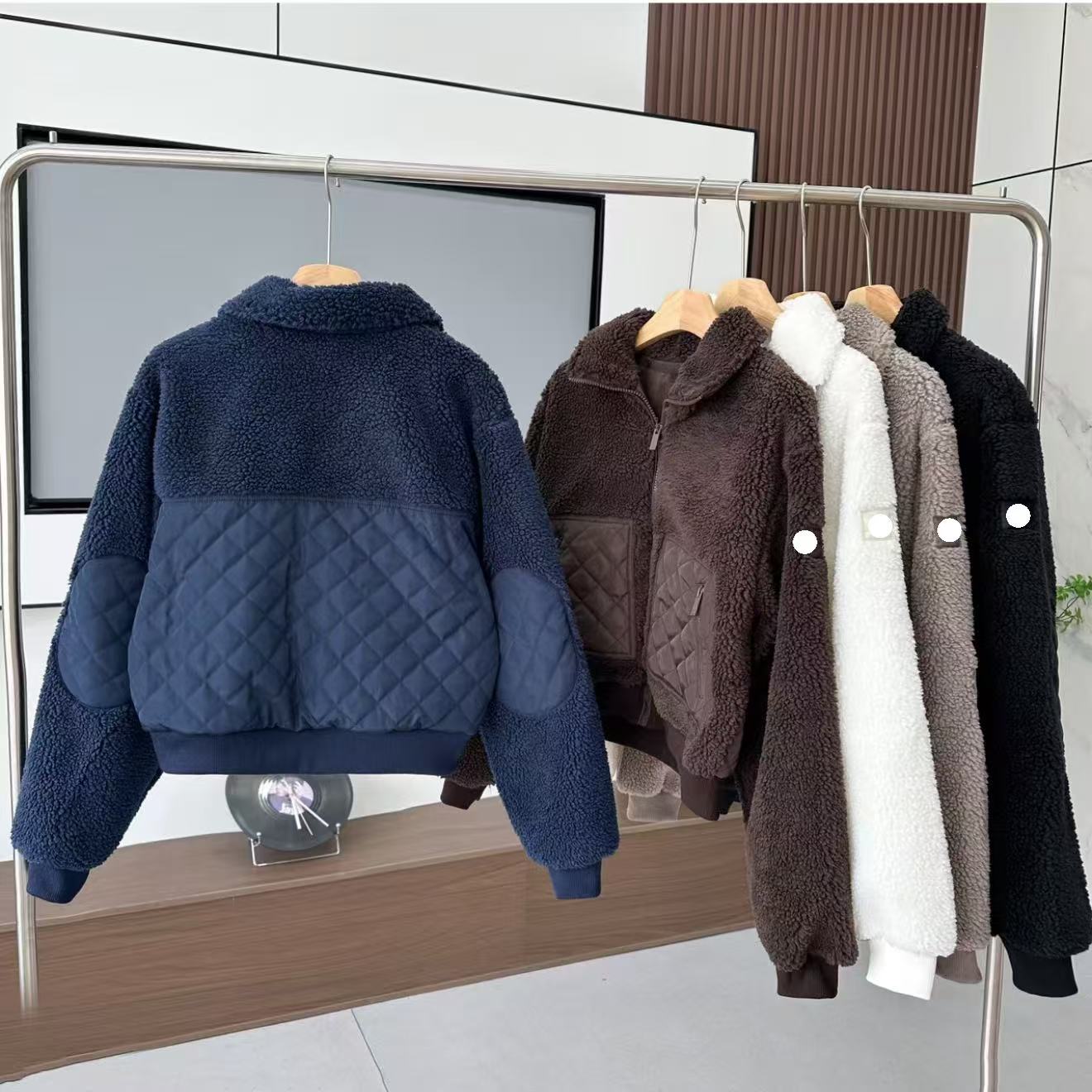 Designer Womens Lamb Wool Yoga Jacket -Thick Fleece Zipper Coat with Hoodie - NavyBlue Crop Top & Long Legging Sports Set 5A