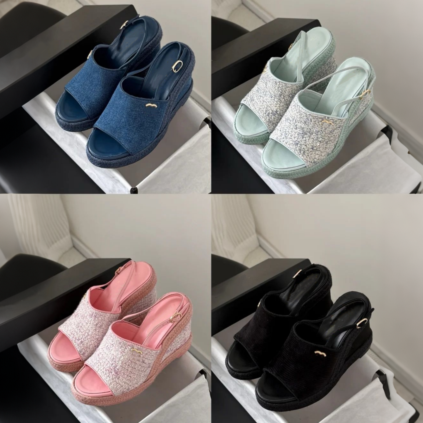 Pink Blue canvas Denim Platform Sandal Designer wedge slide Womens tweed leather thong sandale Summer beach dress elegant Luxury slipper travel Outd