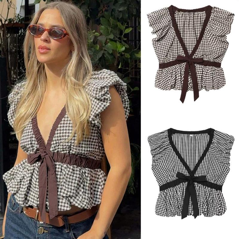 Designer Women Plaid Sleeveless Shirt V Neck Tie Front Summer Casual Top Blouse Ladies Elegant Basic Tee