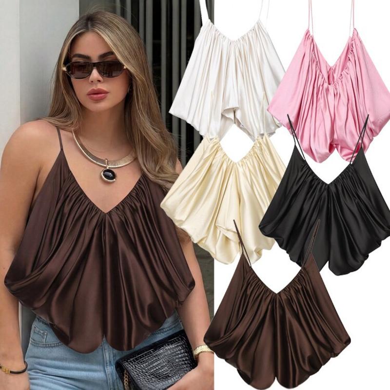 Designer Women's Satin Pleated V Neck Camisole Tank Top Loose Summer Casual Elegant Basic Vest Top