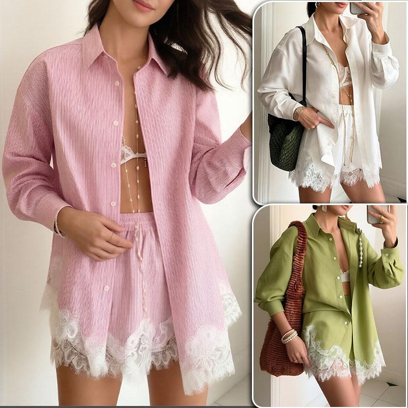 Cardigan à manches longues en dentelle pour femmes, couleur unie, Patchwork, haut et short, ensemble deux pièces décontracté, tenue de transport