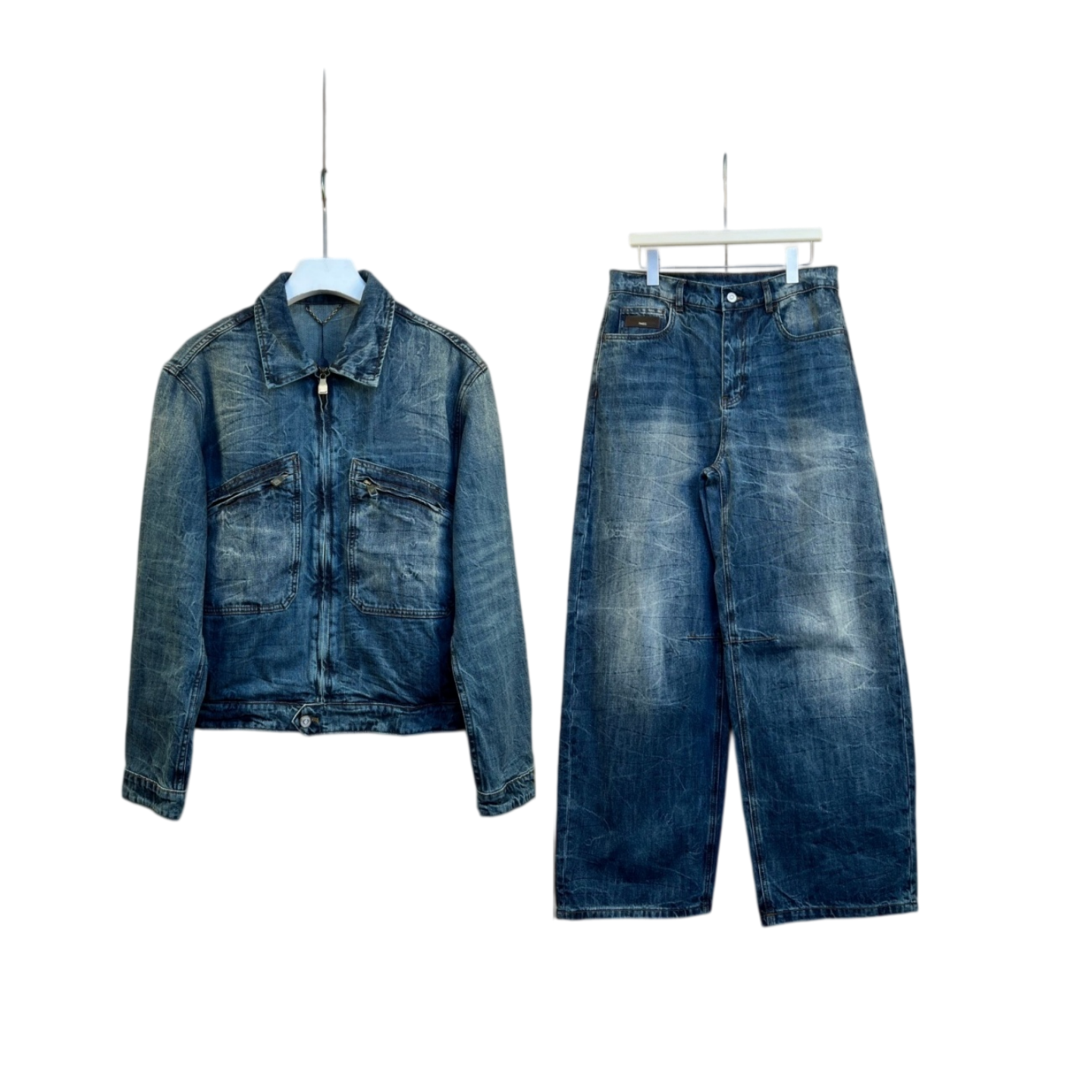 Designer men's denim jacket denim wide leg pants set retro washed denim two-piece set lapel casual streetwear fashionable women's denim se