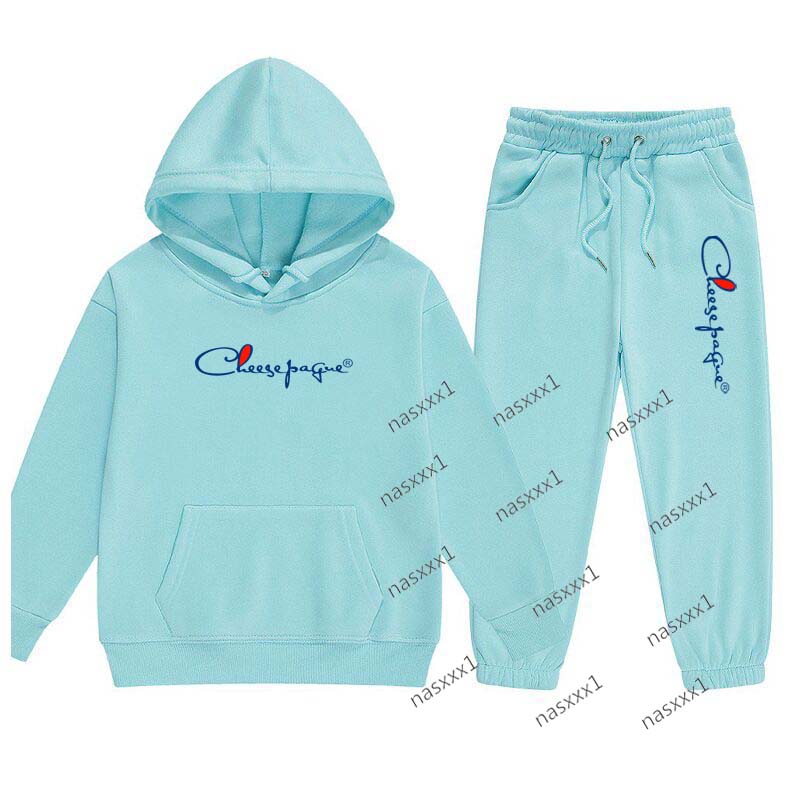 Spring Autumn Children Clothes Brand Letter Print Kids Fashion 2pcs Sky blue Fleece Hoodie Sweatshirts Pants Suits Boys Girls Outfits