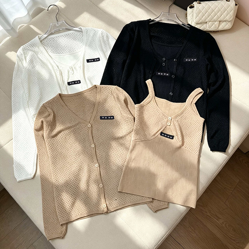 Designer Women Minimalist Knit Tank Top Cardigan Set Long Sleeve Versatile Shirt Spring Autumn Date Vacation Party Office Daily Casual Wear