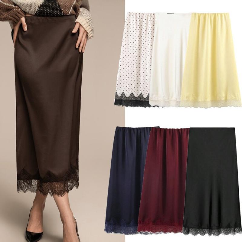 Women Satin-Feel Lace Patchwork Midi Skirt Solid Polyester Streetwear Summer Casual Party Travel Date Skirt S M L