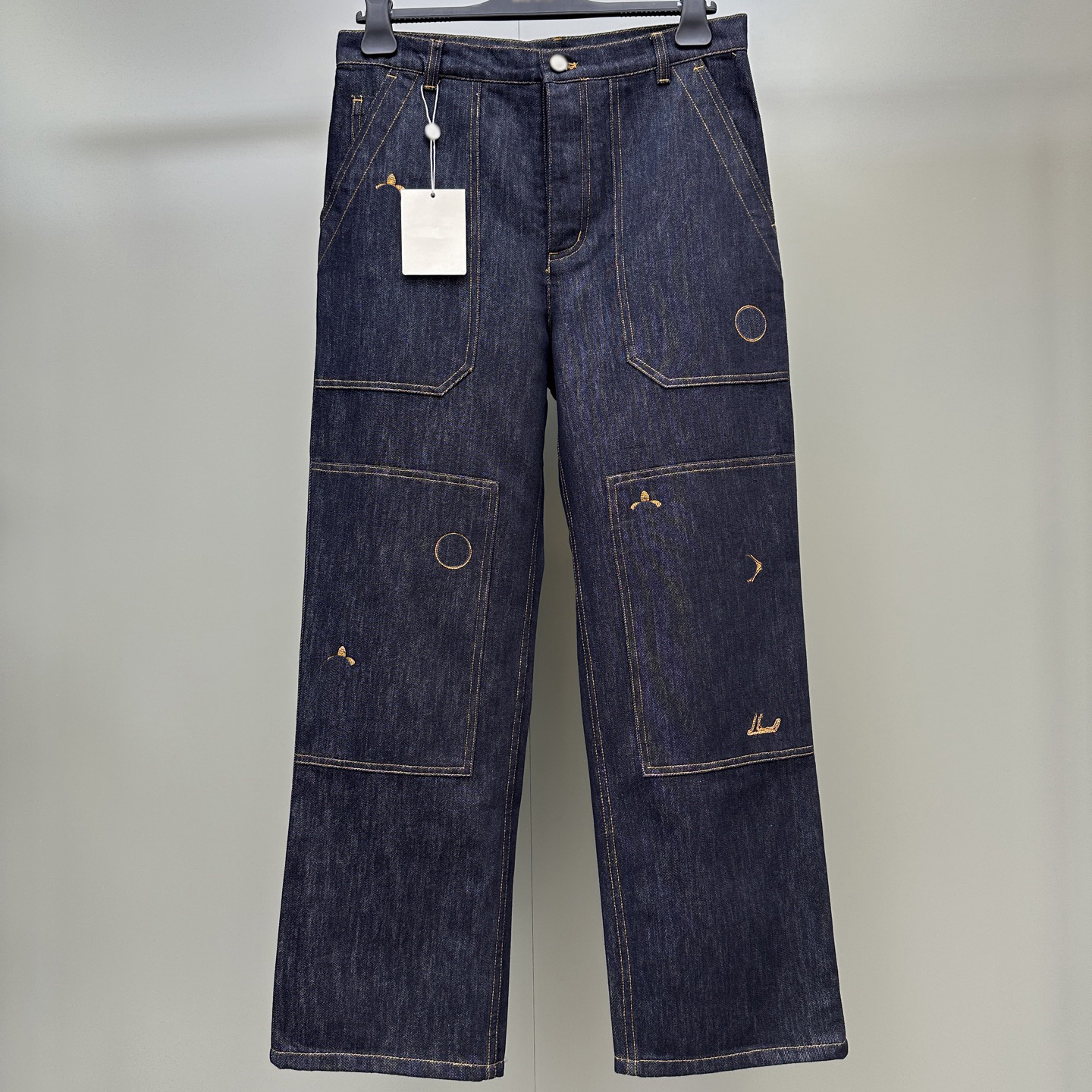 Designer brand clothing, high-quality men's denim, men's straight leg workwear, long pants, men's retro geometric embroidery, open th