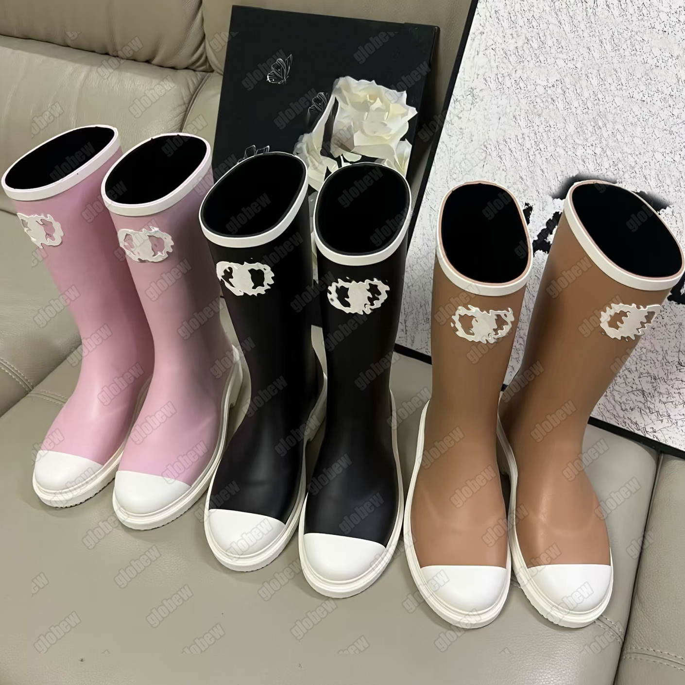 Botas de lluvia con logotipo de diseñador, zapatos de color, botas altas impermeables, adecuadas para el uso diario al aire libre en otoño e inviern
