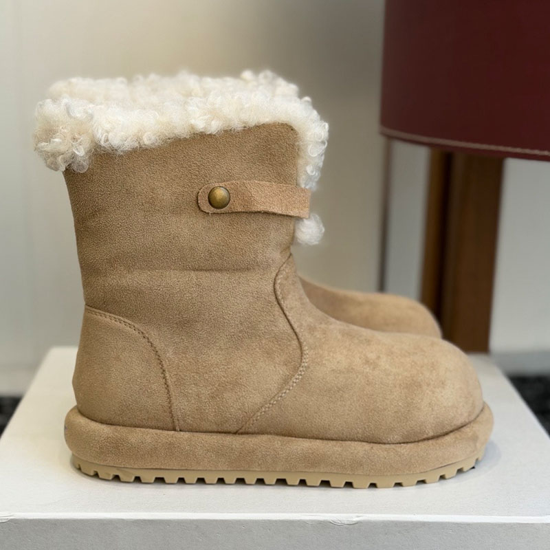 Womens Snow Boots Ladies Wool Lining Warm Boot Designer Curled Edge Ankle Boots High Silk Shiny Cow Suede Fashion Boot Round Head TPU Non Slip Outso