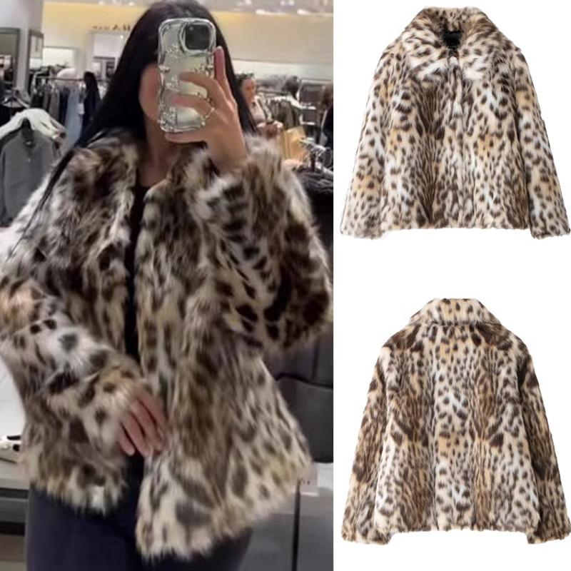 Designer Women's Leopard Print Faux Fur Coat Slim Fit Lapel Pockets Streetwear Fall Winter Outerwear Fashion Jacket