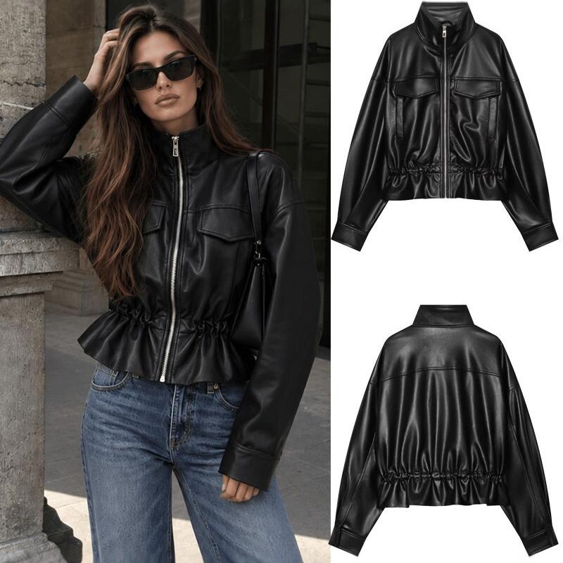 Designer Women's PU Leather Bomber Jacket Zip Up Long Sleeve Adjustable Ruched Waist Streetwear Fall Outerwear