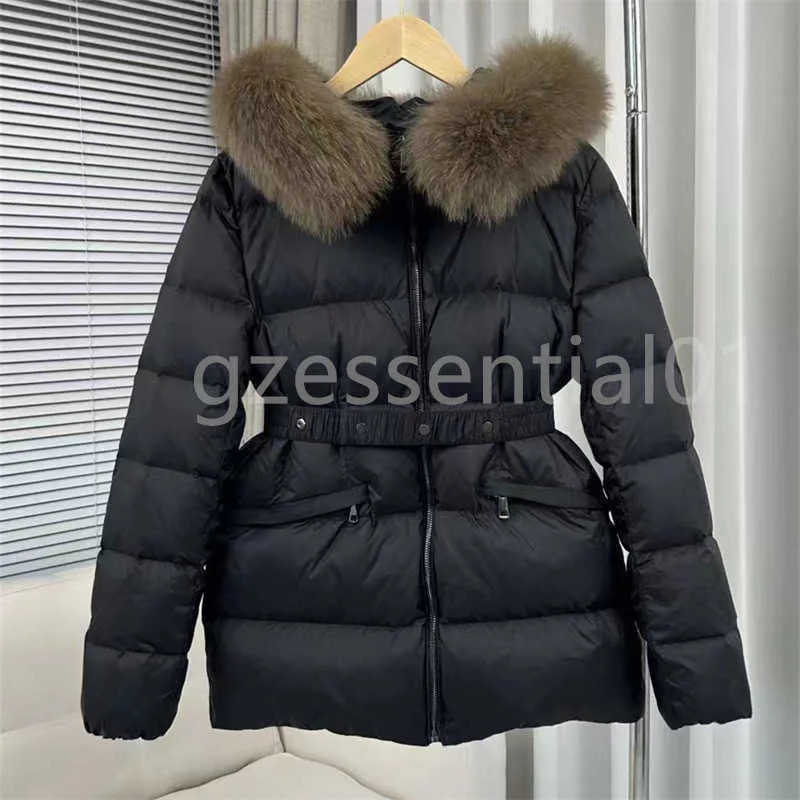 Doudoune Femme Quilted Women Fluffy Fur Collar Coats Vintage Hood Puffer Jackets with Elastic Belt Zipper Pockets Fashion Casual Windproof Warm Wint