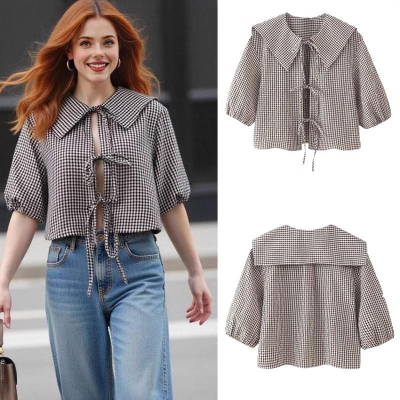 Chemise à manches courtes pour femmes, col rabattu, cravate sur le devant, manches bouffantes, chemisier d'été décontracté, Streetwear, haut de s