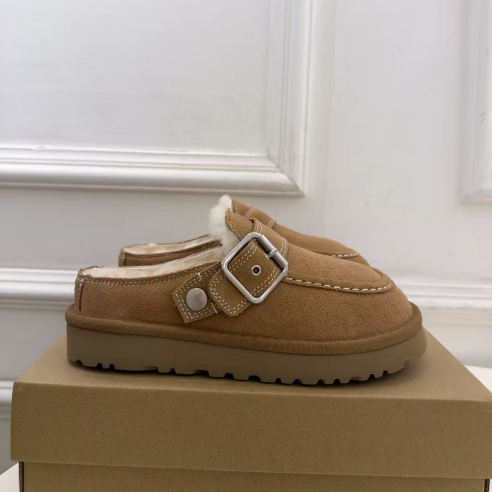 Bottes de neige chaudes en laine pour femmes, pantoufles mules de luxe de styliste en cuir Nubuck, fourrure sur doublure en cuir, boucle de ceint