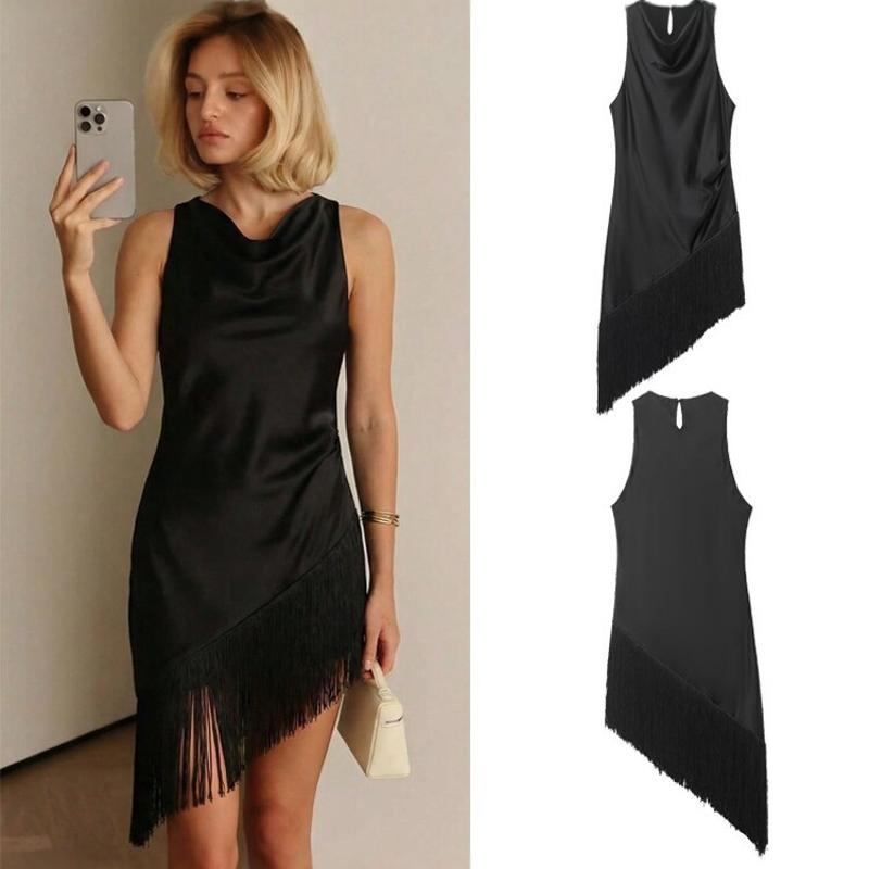 Femmes Satin Texture robe Midi sans manches ourlet irrégulier frange taille haute solide noir Sexy décontracté quotidien printemps robe d'été
