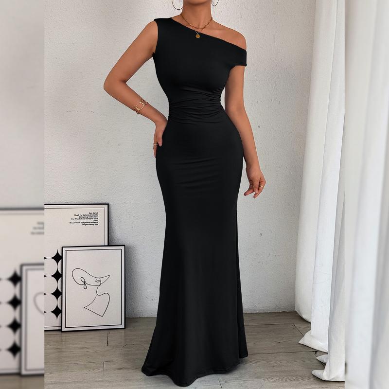 Designer Women Sexy One Shoulder Ruched Waist Sleeveless Bodycon Dress Solid Slim Fit Party Club Evening Mini Dress