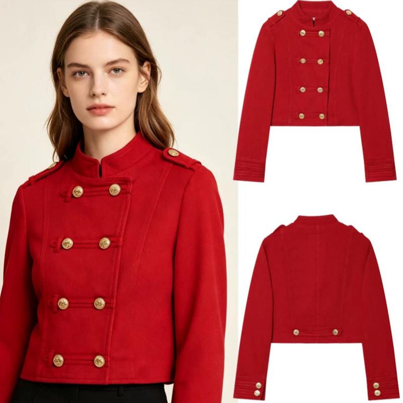 Women's Retro Stand Collar Double Breasted Long Sleeve Red Polyester Jacket Fashion Streetwear Fall Top