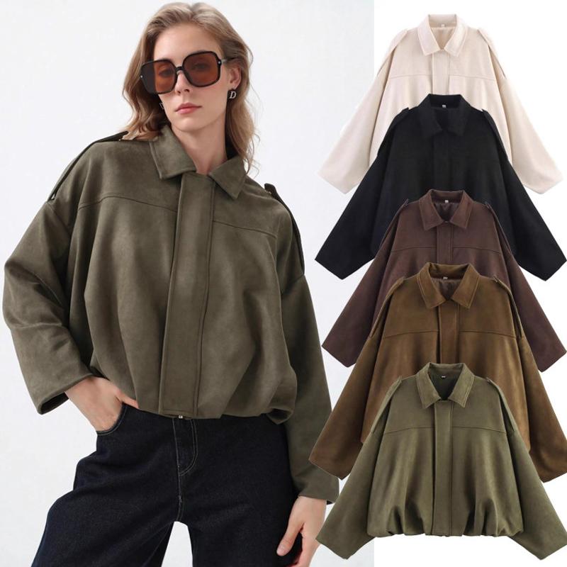 Veste bombardier en daim pour femmes, col à revers, bouton zippé, coupe ample, couleur unie, Streetwear, vêtements d'extérieur décontractés d'aut