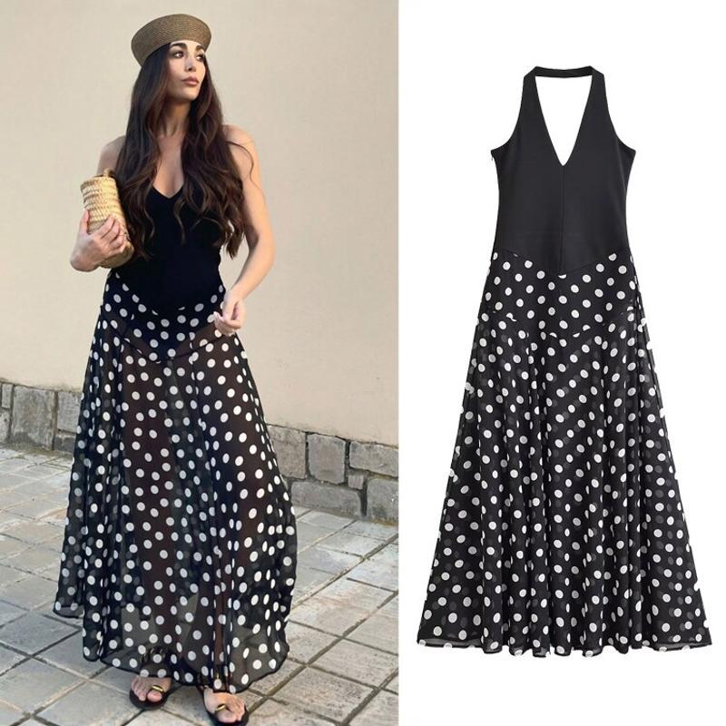 Designer Polka Dot Halter Mini Dress Sleeveless High Waist Bodycon Sexy Sheer Splice Club Party Date Summer Dress