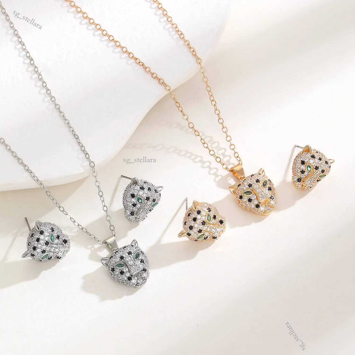 Luxury Brand Designer Jewelry European And American Hot Selling Hip-Hop Leopard Head Pendant Earrings Necklace Set Micro Inlaid Full Diamond Fash