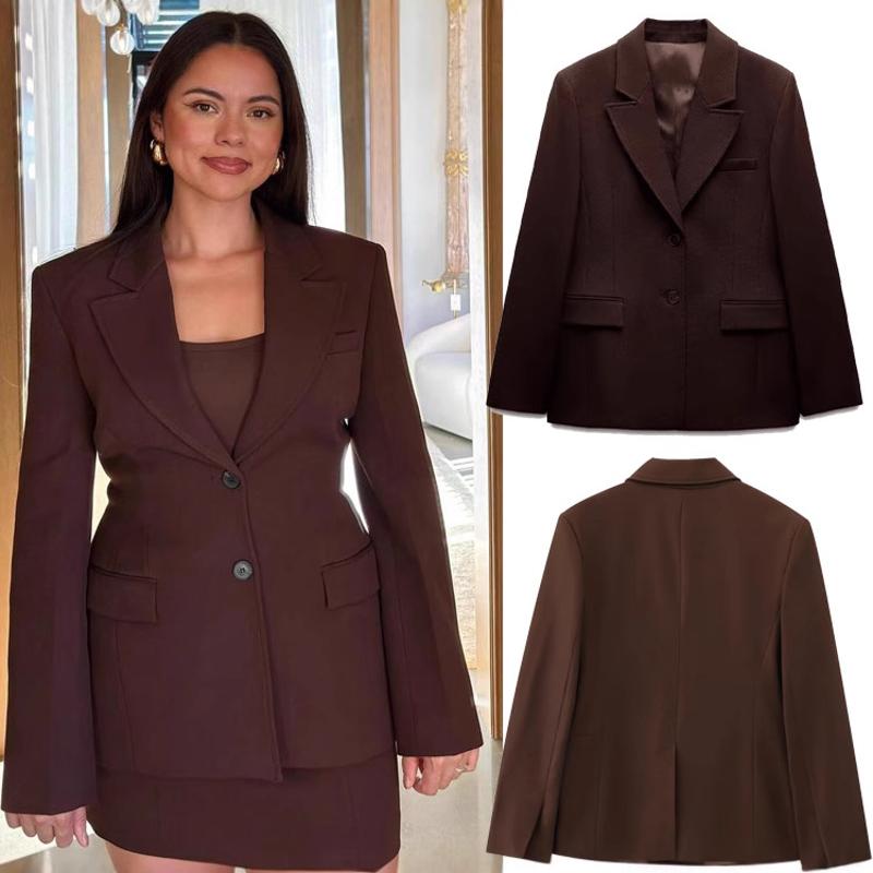 Blazer Slim marron uni pour femmes, élégant, simple boutonnage, mince, décontracté, veste de travail et de bureau, printemps 2026, XS-L