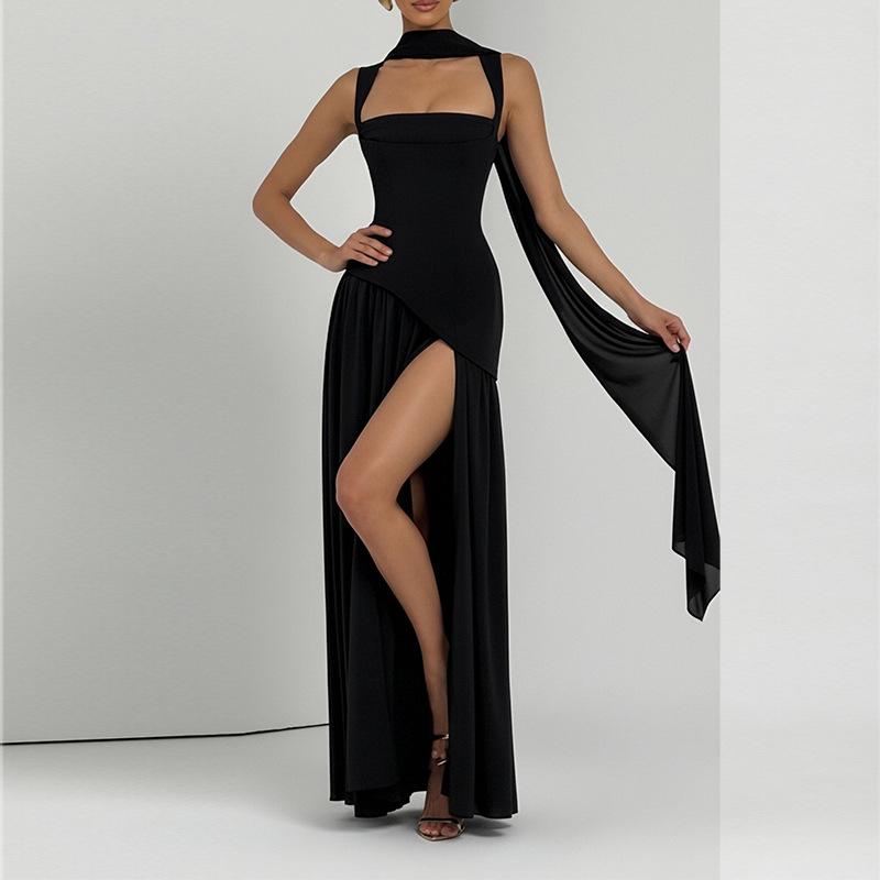 Designer Summer Elegant Sexy Backless Pleated Spliced Camisole Dress Women High Waist Slim Fit V-Neck Sleeveless Solid Color