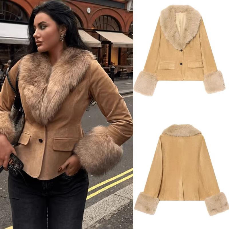 Veste Blazer en daim en fausse fourrure pour femme, simple boutonnage, coupe ajustée, manteau d'hiver de styliste, vêtements d'extérieur