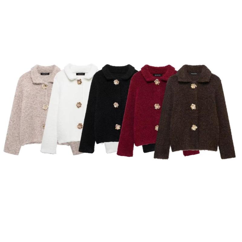Cardigan en tricot à boutons en fausse fourrure pour femmes, manches longues, couleur unie, Streetwear, simple boutonnage, pull décontracté à rev