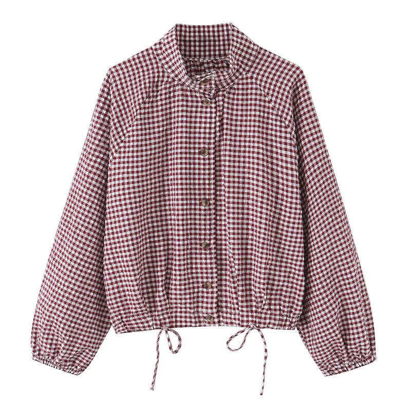 Veste courte à carreaux avec boutons sur le devant, col montant, ourlet avec cordon de serrage, manches longues, vêtements d'extérieur amples