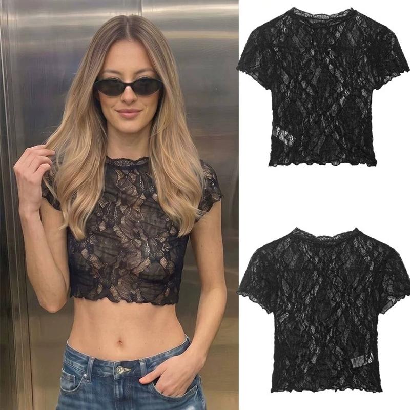 Women Designer Lace Hollow Out Sheer Short Sleeve T-Shirt Slim Fit Round Neck Crop Top Black Summer Streetwear
